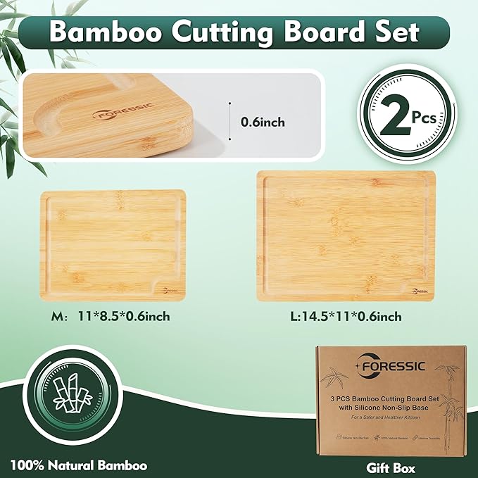 Wood Cutting Board Set Non Slip Feet Over Sink Natural Bamboo Set With Smooth Surface Knife-Friendly and Easy Storage Set of 2 Medium - Small Serving Kitchen Gadgets (Natural)