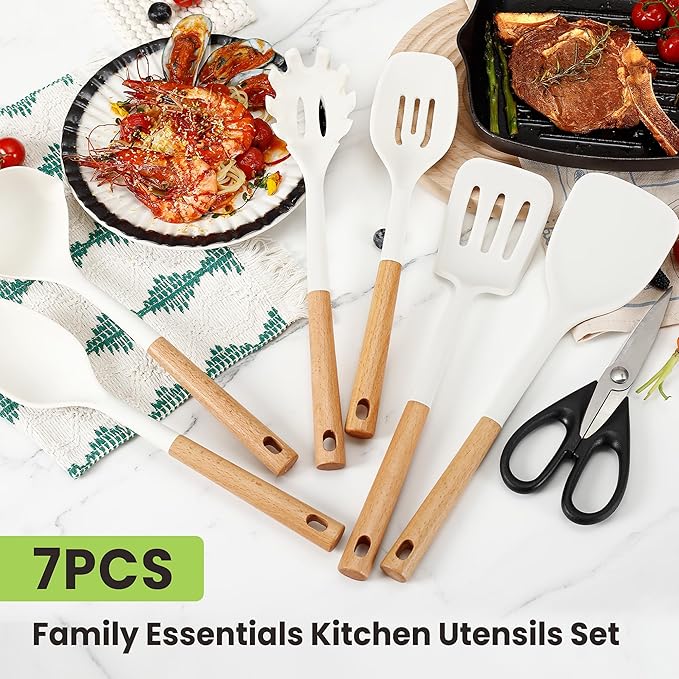 Large Silicone Cooking Utensils Set 7 Pcs, Wooden Handles Heat Resistant Spatula Set, Food Grade Silicone Kitchen Utensils Set with Holder, Gadgets BPA Free for Non-Stick Cookware