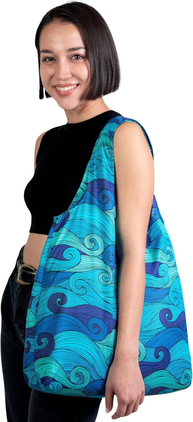 Nanobag Ultra-Lightweight Extra Large Size Tote Bag for Women & Men, Heavy Duty Reusable Grocery Bag, Foldable Travel Shopping Tote, Packable Cloth Bag with Handles, Washable Market Tote (Blue Waves)