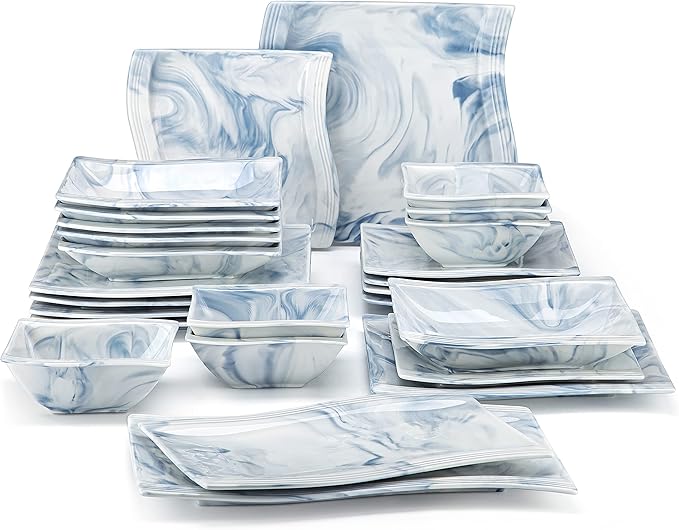 MALACASA Plates and Bowls Sets, 26 Piece Blue Dinnerware Sets for 6, Porcelain Dinner Set with Set, Dishes, Cereal Serving Platters, Kitchen Plate Bowl Series FLORA, 26 Piece(Service for 6)