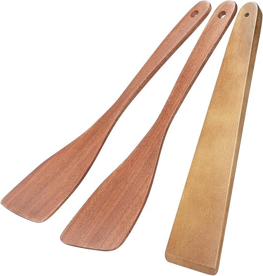 3Pcs Wooden Spatulas, 12inch Long Handle Flat Spatula Set for Nonstick Pans, Multipurpose Wooden Spoons for Cooking, Wood Cooking Utensil for Frying, Flipping, Scraping, and Turning