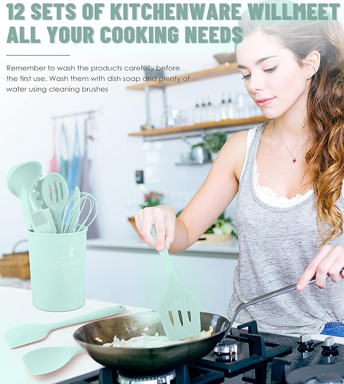 Kitchen Utensils Set-12 Pieces Silicone Cooking Utensils Set (Dishwasher Safe) 392°F Heat Resistant Spatula Set,Kitchen Utensil Set for Nonstick Cookware,Best Kitchen Tools with Holder
