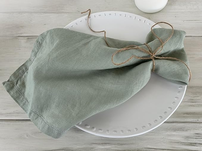 Hemstitched Linen Napkins – 20 Inch x 20 Inch – Stonewashed Pure Linen Cloth Dinner Napkins with Mitered Corners - 100% French Flax – Machine Washable - Set of 4 (Soft Sage Green)