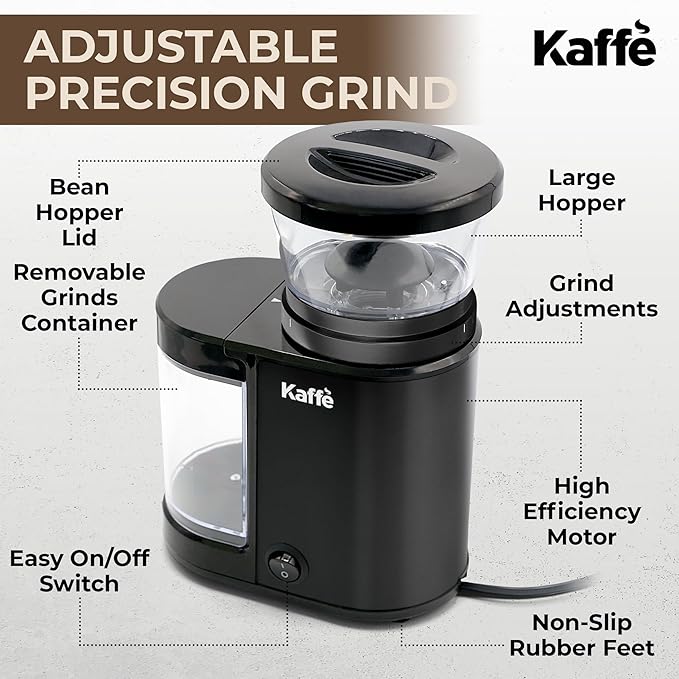 Kaffe Electric Burr Coffee Grinder (5.5oz) w/Adjustable Coarseness Settings - Flat Burr - [New Upgraded Motor ] - Precision Coffee Bean Grinder for Home Use - Black