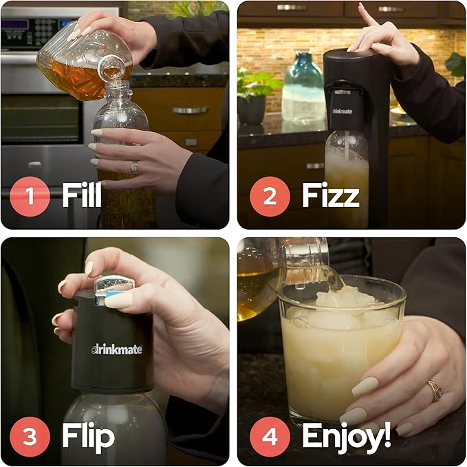 Drinkmate OmniFizz Sparkling Beverage Maker CO2 Bundle - Sparkling Water/Soda Streaming Machine That Carbonates Any Drink - Includes 4 CO2 Cylinders, 1 Carbonation Bottle, 1 Fizz Infuser - Royal Red