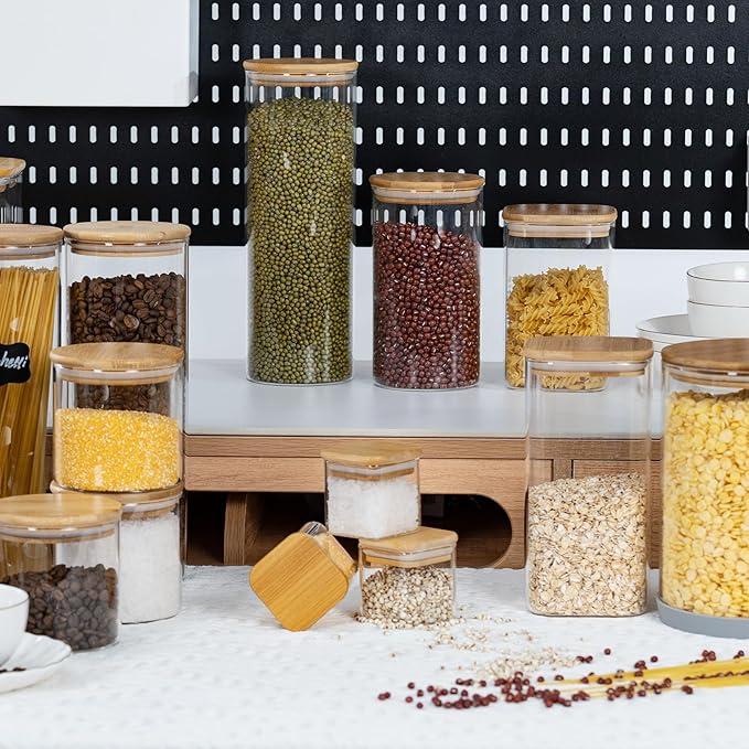 5oz Airtight Square Spice Containers with Bamboo Lid Set of 12 with Black Lables Storage Stackable Spice Jar, Kitchen Canister for Sugar, Tea, Flour, Salt and Seasonings (‎Clear Glass)