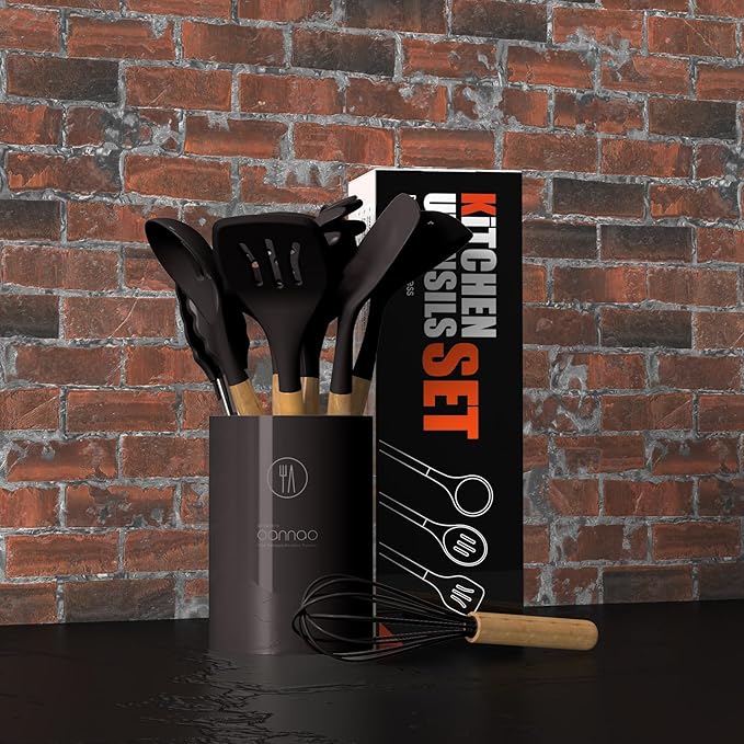 Silicone Cooking Utensils Set - 446°F Heat Resistant Silicone Kitchen Utensils for Cooking,Kitchen Utensil Spatula Set w Wooden Handles and Holder for Non-Stick Cookware, BPA FREE (Coffee)