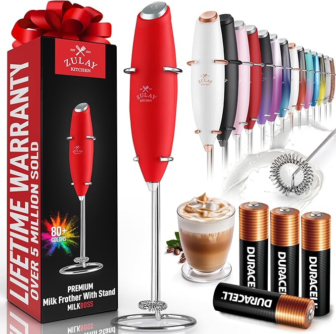 Zulay Kitchen Powerful Milk Frother Wand With 4 AA Duracell Batteries - Ultra Fast Handheld Drink Mixer - Electric Whisk Foam Maker for Coffee, Lattes, Cappuccino, Matcha & Creamer -