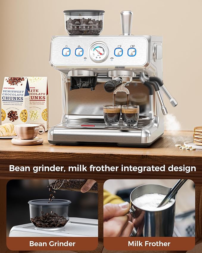 COWSAR Espresso Machine 15 Bar, Semi-Automatic Espresso Maker with Bean Grinder & Milk Frother Steam Wand, 75 Oz Removable Water Reservoir, Self-Cleaning, Ideal for Cappuccino/Latte, Stainless Steel