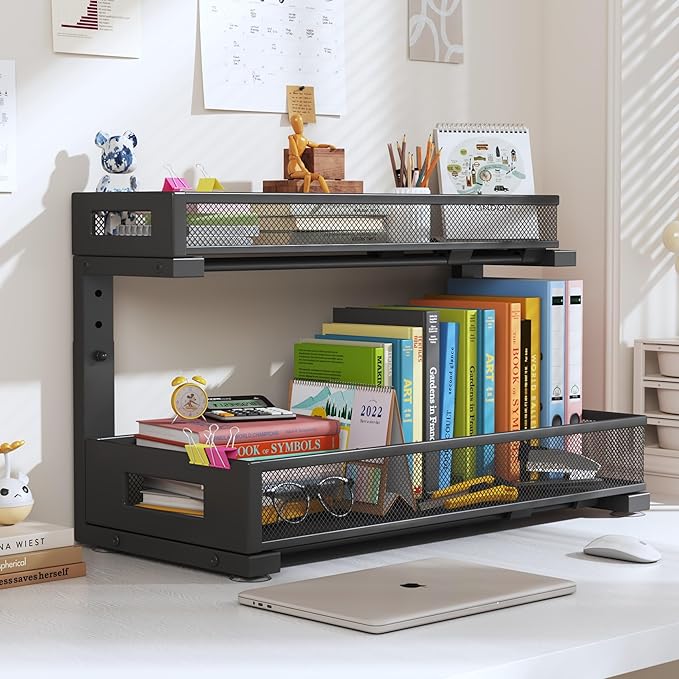 1 Pack 19IN Depth Under Sink Storage Organizer, Large 2-Tier Elegant Mesh Pull Out Shelf for Kitchen and Bathroom Cabinet Organization, L-Shaped and Adjustable Height Design-Black