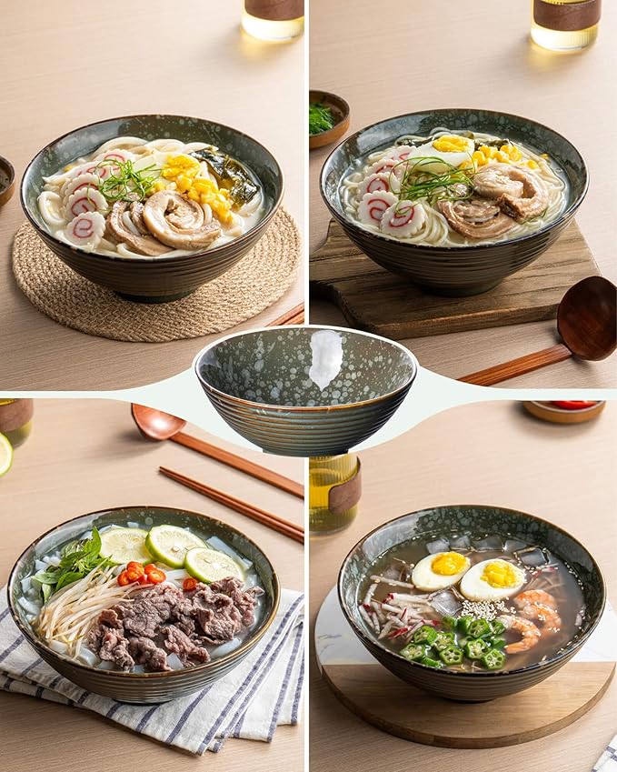 Large Japanese Ramen Bowl Set of 4, Material Safety Ceramic Ramen Bowls with Matching Chopsticks and Spoons, 8 Inch 40oz Pho Bowls Ramen Noodle Bowl for Asian Udon Soup Salad Cereal(Green)