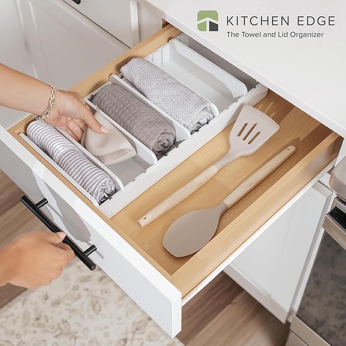 Bamboo Kitchen Towel and Food-Storage Organizer, Perfect for Kitchen Drawers, Cabinets, Pantry, 5 Adjustable Wall Inserts, Non-Slip Feet, Organize Food Containers, Food-Safe White Finish