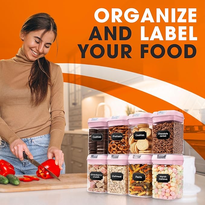 Cheer Collection Airtight Food Storage Containers, Kitchen Storage Containers for Pantry, Set of 8 Food Containers with Lids Airtight, Pantry Storage Containers & Organizers with Lids, Pink