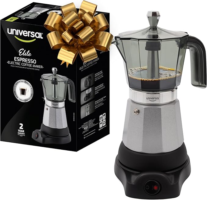 universal Electric Coffee Maker (6 Cups), Cuban Moka Pot (480 Watts), Gift for Coffee Lovers, Easy Brewing, Prepare Espresso Recipes: Italian, Latte, Macchiato & Mocaccino