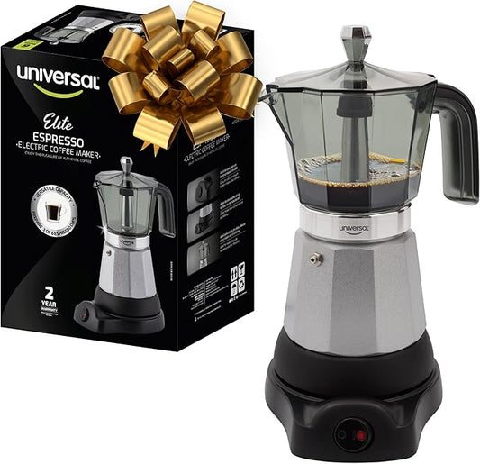 universal Electric Coffee Maker (6 Cups), Cuban Moka Pot (480 Watts), Gift for Coffee Lovers, Easy Brewing, Prepare Espresso Recipes: Italian, Latte, Macchiato & Mocaccino