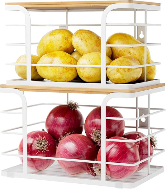 2 Pack Pantry organizers and Storage,Kitchen Organization with Bamboo Top,Stackable Kitchen Pantry bin for Onion,Potato,Fruits,Produce,Vegetable,White