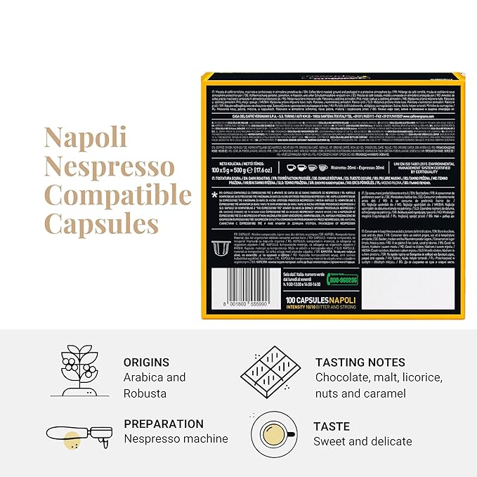 Caffe' Vergnano 1882 Medium Roast Espresso Original Line Machine Compatible Capsules, Single-Serve Arabica Robusta Espresso Coffee, Italian Coffee for Nespresso Machine, Intensity 10/10, Napoli, 100 Ct