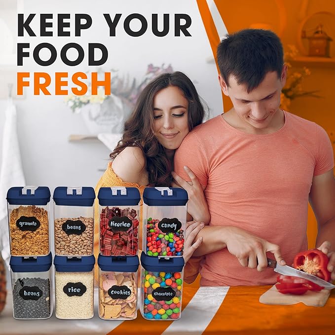 Cheer Collection Airtight Food Storage Containers, Kitchen Storage Containers for Pantry, Set of 8 Food Containers with Lids Airtight, Pantry Storage Containers & Organizers with Lids, Navy Blue