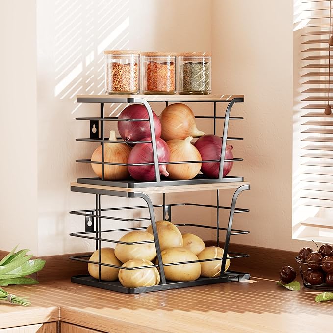 2 Pack Kitchen Organizers and Storage - Stackable Potato and Onion Storage Bin,Kitchen Cabinet Organizer with Lightweight PP Mat and Bamboo Top,Onion Basket for Kitchen Counter Organizers,Black