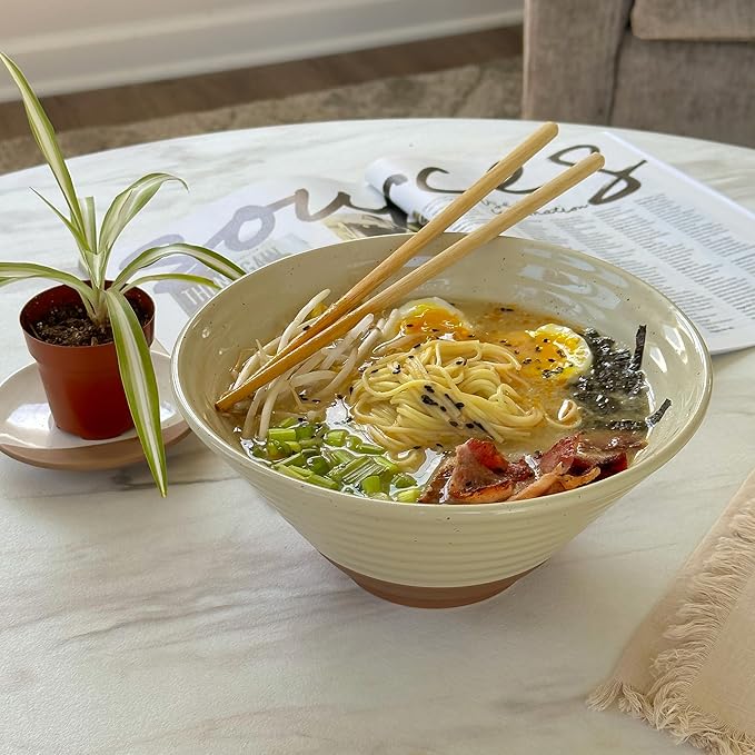 Mora Ceramic Ramen Bowl Set of 2, 45oz - Great for Pho, Miso Udon Soup, Instant Noodles, Serving, Thai or Asian Food - Microwave Safe Large Japanese Noodle Bowls, Modern Kitchen - Assorted Neutrals