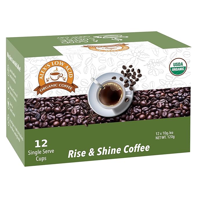 Alex’s Low Acid Organic Coffee | Created to Limit Heartburn, Acid Reflux & Stomach Irritation | Rise & Shine | Pack of 12 K-Cups