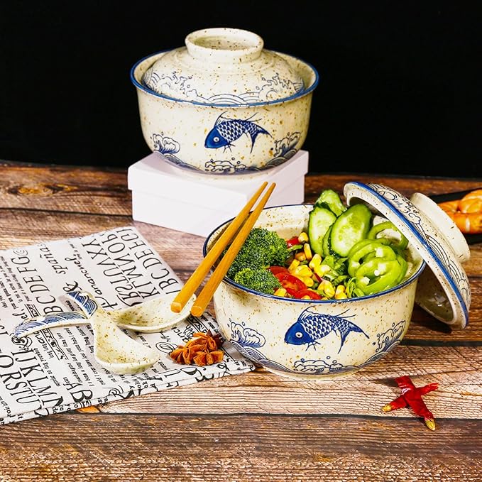 Ceramic Ramen Bowl Set, 800ml, with Lid, Spoon and Chopsticks, Japanese Vintage Large Soup Bowls Instant Noodle Bowl Asian Tableware (Fish*2)