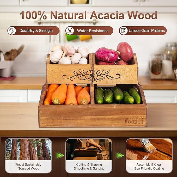 Acacia Wood Pantry Storage Bins for Kitchen, Onion & Potato Pantry Storage Organization, No installation Required, 2-tier Fruit and Vegetable Storage Containers, Snack Bins for Kitchen & Pantry