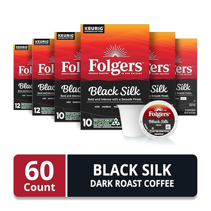 Folgers Black Silk Coffee, Dark Roast, Keurig K-Cup Pods, 10 Count Box (Pack of 6)