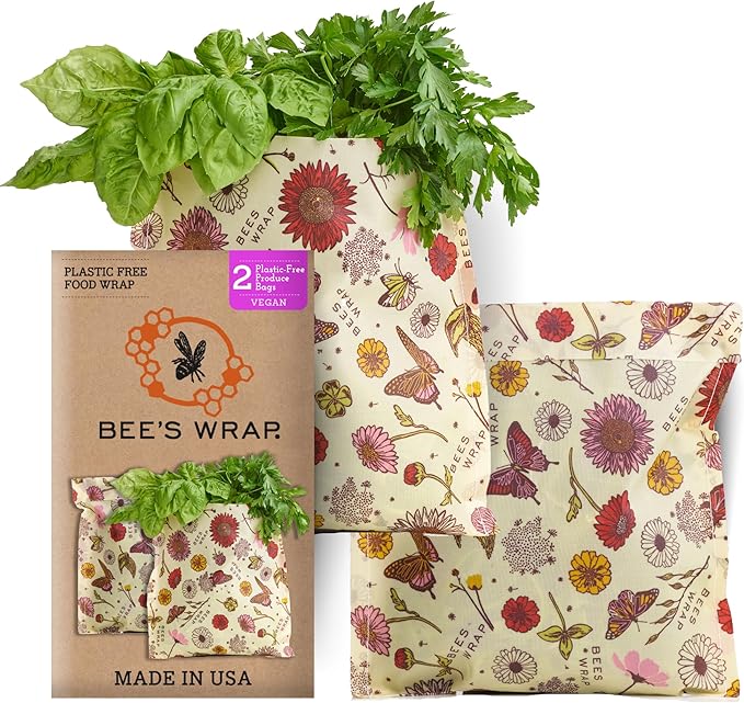 Bee's Wrap Vegan Beeswax Wraps for Food - 2 Meadow Magic Produce Bags - Made in USA Reusable & Organic Food Wraps & Reusable Produce Bags - Eco-Friendly Alternative to Aluminum Foil & Plastic Wrap