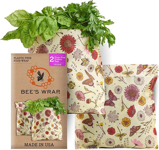 Bee's Wrap Vegan Beeswax Wraps for Food - 2 Meadow Magic Produce Bags - Made in USA Reusable & Organic Food Wraps & Reusable Produce Bags - Eco-Friendly Alternative to Aluminum Foil & Plastic Wrap