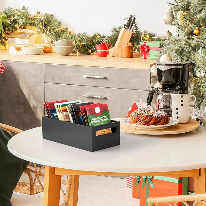 DRASTAR Pantry Organization and Storage Bins, Seasoning Packet Organizer with Removable Dividers,Wooden Storage Caddy for Kitchen, Pantry, Cabinet, Countertop, Black