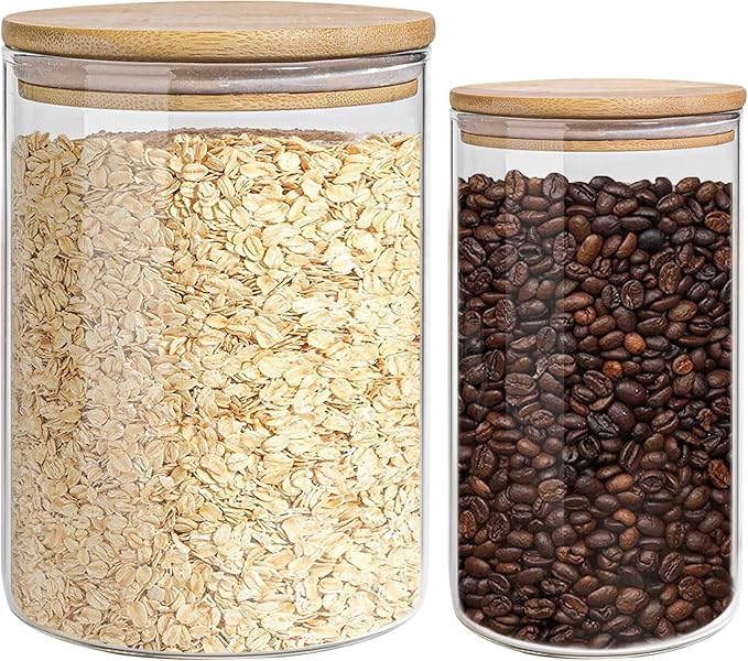Glass Storage Jars Set Elegant Containers with Airtight Bamboo Lids, Perfect for Kitchen Organization - Flour, Rice, Pasta, Sugar, Coffee Beans, Accessories Included (2 packs(37oz / 110oz))