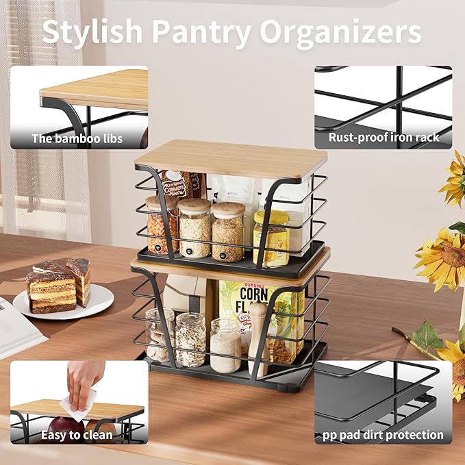2 Pack Kitchen Organizers and Storage - Stackable Potato and Onion Storage Bin,Kitchen Cabinet Organizer with Lightweight PP Mat and Bamboo Top,Onion Basket for Kitchen Counter Organizers,Black
