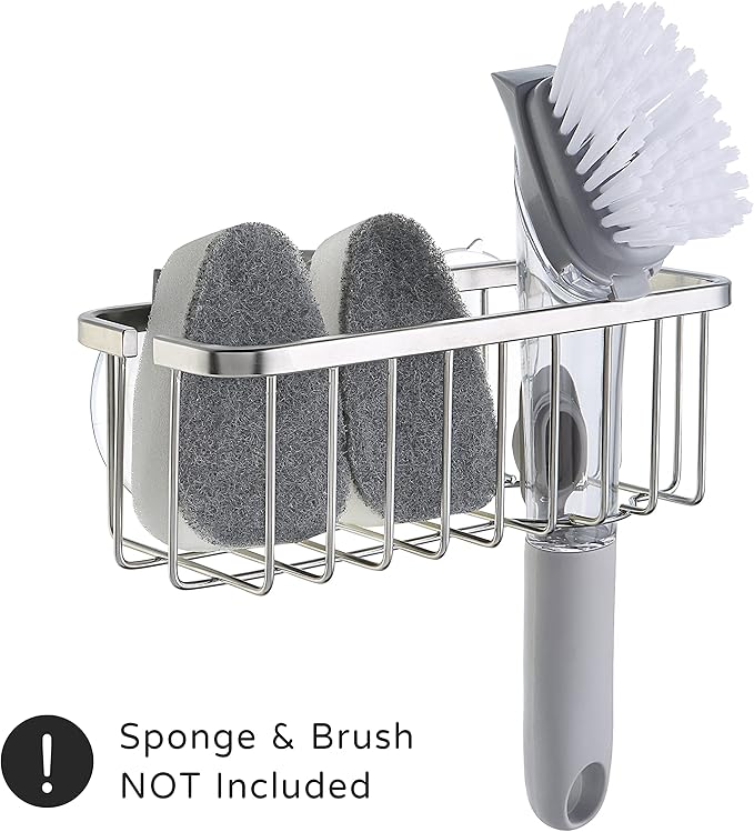 SunnyPoint NeverRust Deluxe Kitchen & Bathroom Sink Sponge Holder Organizer with Adhesive Mount - Additional Suction Cup Included – Sponge & Brush NOT Included – 7.4 x 3.3 x 2.75 Inch