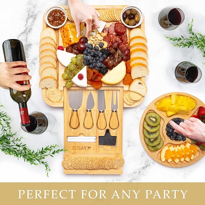 Zulay Kitchen Premium Bamboo Cheese Board Set - Extra Thick Bamboo Charcuterie Board Set with 4 Piece Knife Set - Wooden Cheese Board is Perfect for Charcuterie, Wine and Cheese (Party Set) - Icon