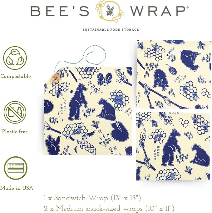 Bee's Wrap Beeswax Wraps for Food - Bees + Bears 3 Pack (2M 1 Sandwich) Made in USA Reusable & Organic Food Wraps, Sandwich Wrap - Eco-Friendly Alternative to Aluminum Foil & Plastic Wrap