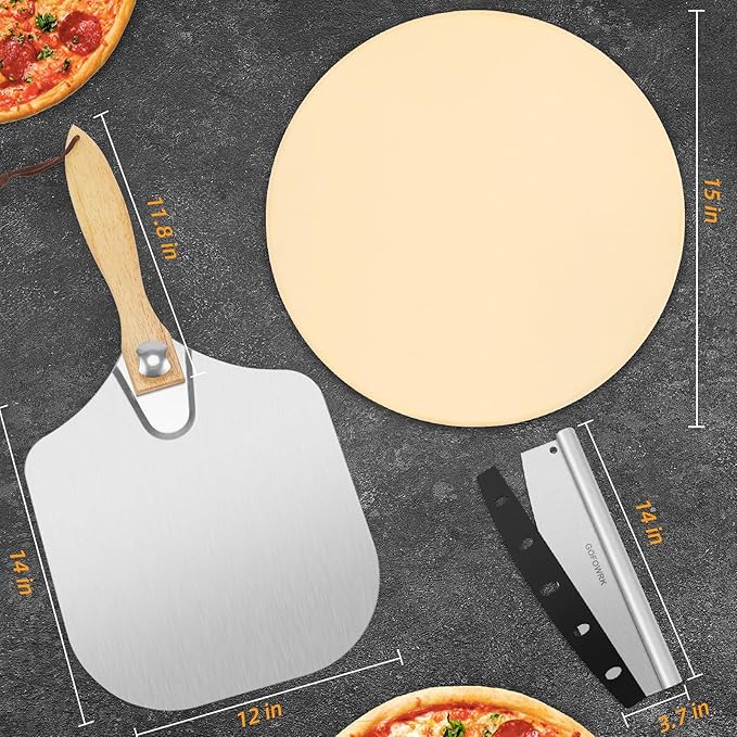 Pizza Stone 5 PCS Set, 15 Inch Large Round Pizza Stone Set for Oven & Outdoor Grill with Metal Pizza Peels & Cutter Rocker, 0.6'' Thickened Stone Pizza Pan, Grill Baking Stone for Pizza, Bread