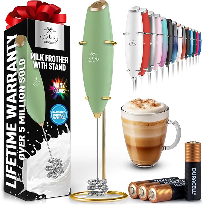 Zulay Kitchen Patented Tornado Triple Whisk Milk Frother with 4 Duracell Batteries – Handheld Foam Maker for Coffee, Lattes, Matcha & Hot Chocolate – Rich, Creamy Froth in Seconds