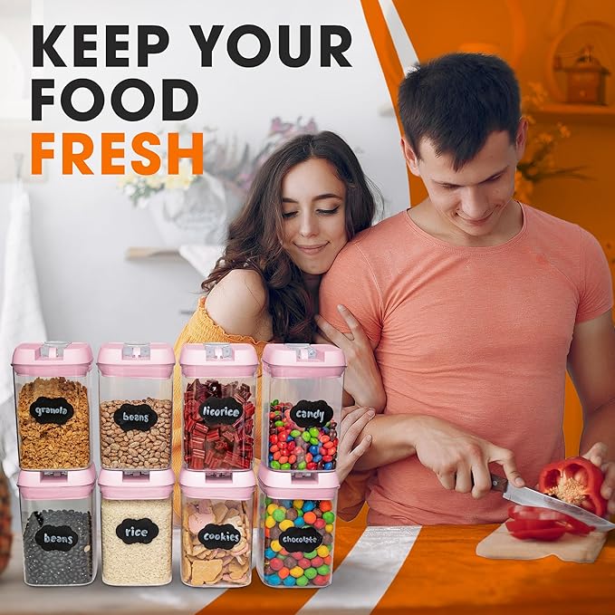 Cheer Collection Airtight Food Storage Containers, Kitchen Storage Containers for Pantry, Set of 8 Food Containers with Lids Airtight, Pantry Storage Containers & Organizers with Lids, Pink