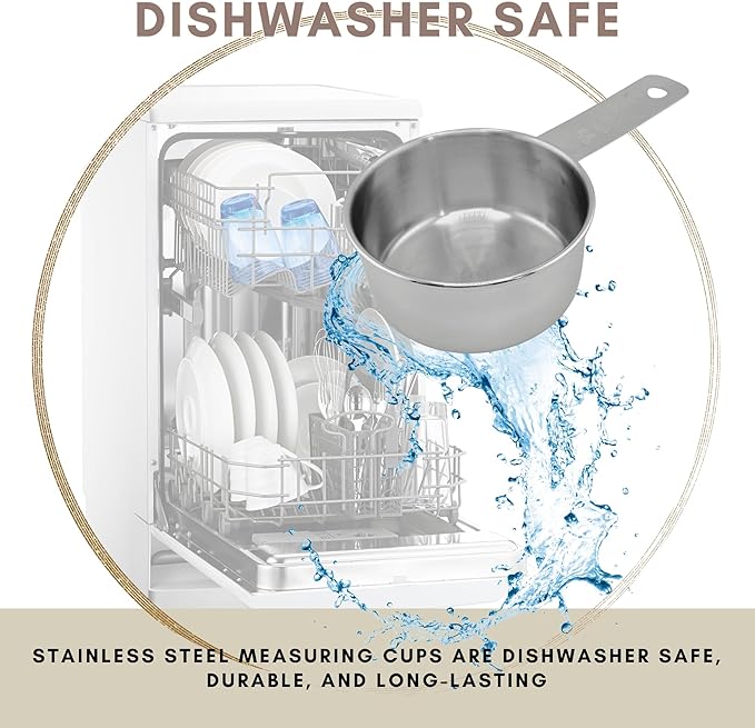 1/3 Cup Stainless Steel Measuring Cup | Sturdy Metal 80 ml | 80 cc | 3 oz | Single Cup for Wet and Dry Ingredients | Great for use as 1/3 Cup Dog Food Scoop - 4 PK