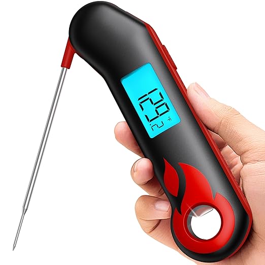 Professional Meat Thermometer, Instant Read in 0.5 Sec, NIST Certified Accuracy ±0.5°F, IP67 Waterproof, Ambidextrous Backlight & Auto-Rotating Display, for BBQ/Grill/Cooking, Black&Red