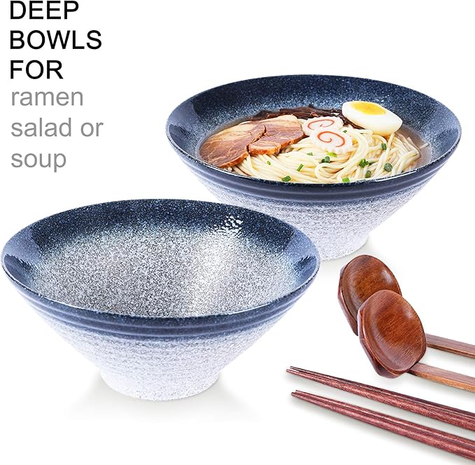 NJCHARMS Ramen Bowls, Ramen Noodle Soup Bowl, 2 Sets (6 Piece) 60 Ounce, with Spoons and Chopsticks for Udon Pho Asian Noodles, Noodle Bowls Large (Blue-Green)