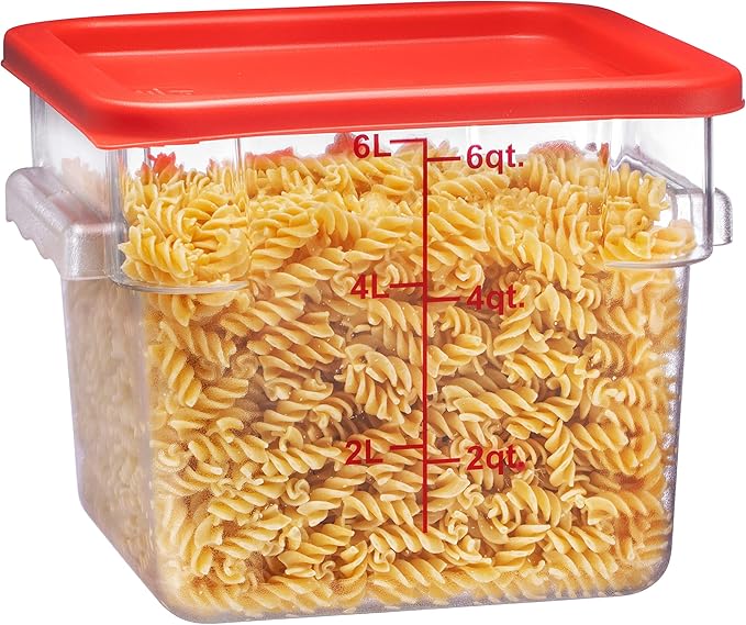 Tiger Chef 6 Quart Commercial Grade Clear Food Storage Square Polycarbonate Containers With Red Lids