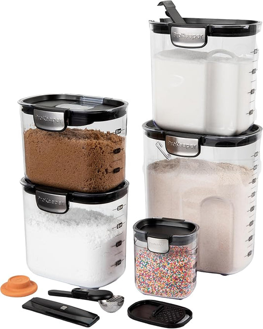 ProKeeper+ Airtight Food Storage Container Set – Clear Plastic Flour and Sugar Canister Set with Magnetic Accessories for Kitchen Organization (Black, 9-Piece)