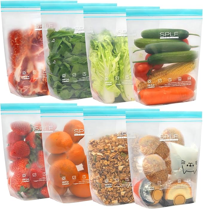 SPLF 8 Pack Reusable Gallon Freezer Bags Dishwasher Microwave Safe, 1 Gallon BPA Free Leakproof Food Storage Bags, Silicone Free Containers for Meal Prep, Fridge Kitchen Organization