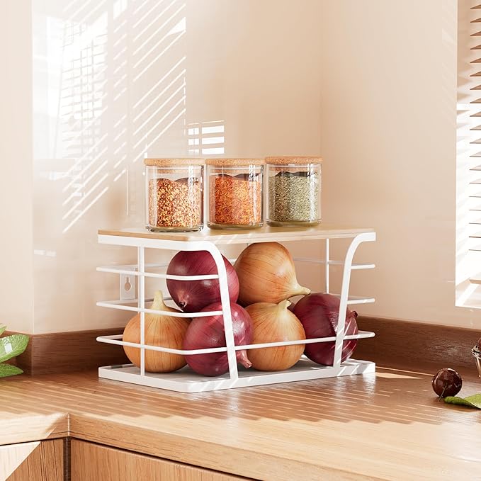 Pantry Organization & Kitchen Storage Containers - Stackable Fruit and Vegetable Storage with Lightweight PP Mat & Bamboo Top for Snacks, Produce,White