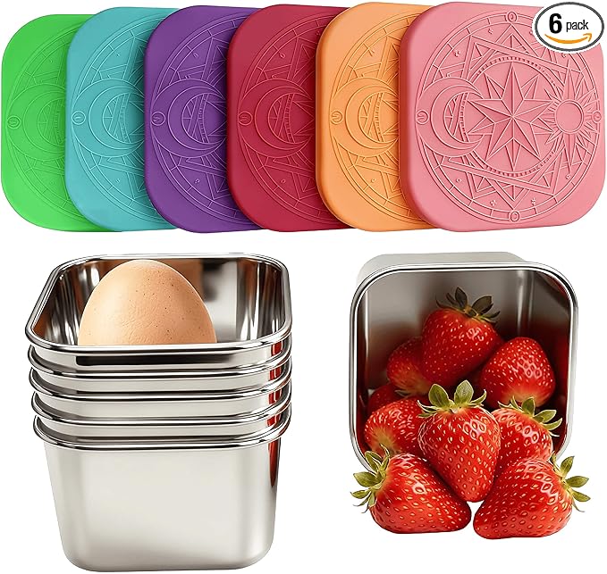 6Pack Stainless Steel Snack Containers for Kids, 6oz Easy Open Leak Proof Small Food Storage Container with Silicone Lids, Stackable Metal Toddler Lunch Box for Daycare, School and Travel