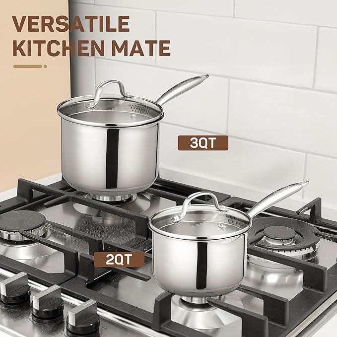 3 Qt Stainless Steel Saucepan with Glass Strainer Lid, 3 Quart Pot Stainless Steel Sauce Pan with Pour Spout, Mirror Polishing, Compatible with All Cooktops Dishwasher Safe Oven Safe