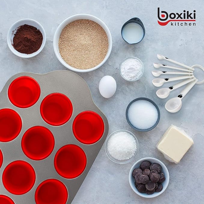 Boxiki Kitchen 13-Piece Non-Stick Silicone Bakeware Set with Cake Pan, Brownie Pan, Loaf Pan, Muffin Mold, Spatulas, Brush, and Measuring Spoons - Oven, Freezer and Dishwasher Safe