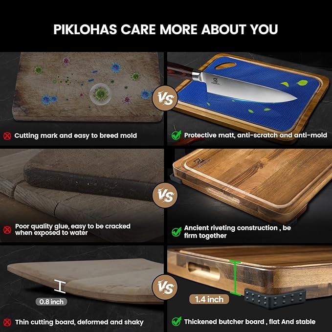 Cutting Boards Large Set of 7, Acacia Wood Charcuterie Chopping Board for Kitchen with Holder Non Slip Feet, Plastic Serving Board Mats, Juice Groove, Reversible Butcher Block for Meat Cheese Bread